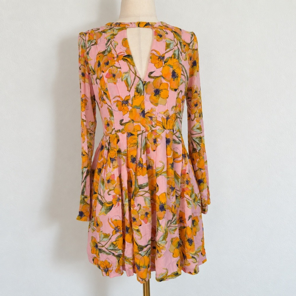 Free People Mini Dress Womens 8 Pink Floral Long Sleeve Cutout Back OB580348
